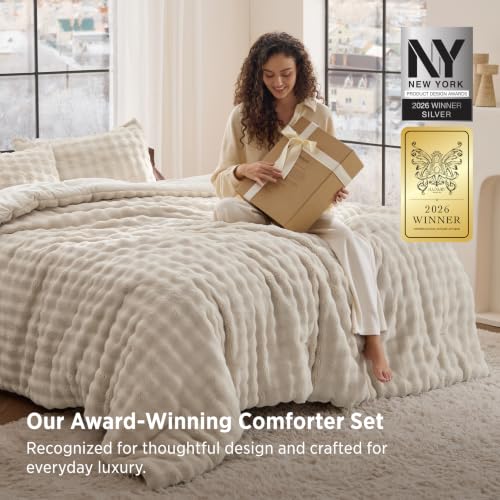 Bedsure CloudBubble Queen Comforter Set - Soft Fluffy Bedding Beige 3 Pcs