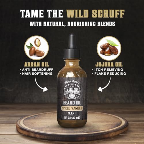 Viking Revolution Beard Oil - Spiced Vanilla - 1 fl oz | 100% Natural Ingredients - Formulated with Argan Oil & Jojoba Oil - Softens Rough Hair & Hydrates Skin - Spiced Vanilla Scent