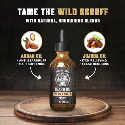 Viking Revolution Beard Oil - Spiced Vanilla - 1 fl oz | 100% Natural Ingredients - Formulated with Argan Oil & Jojoba Oil - Softens Rough Hair & Hydrates Skin - Spiced Vanilla Scent