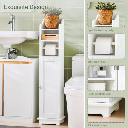 SoBuy Corner Toilet Paper Holder Stand, 23 * 20 * 100CM | Toilet Paper Cabinet with Lift-Up Top, Adjustable Shelf & 4 Wheels, Small White Washroom Storage Cabinet, FRG177-W