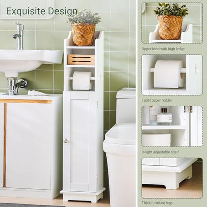 SoBuy Corner Toilet Paper Holder Stand, 23 * 20 * 100CM | Toilet Paper Cabinet with Lift-Up Top, Adjustable Shelf & 4 Wheels, Small White Washroom Storage Cabinet, FRG177-W