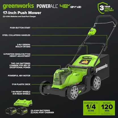 Greenworks 48V (24V x 2) 17" Cordless (Push) Lawn Mower (200+ Compatible Tools), (2) 4.0Ah Batteries and Dual Port Rapid Charger Included