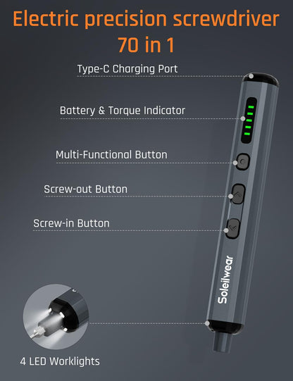 70-in-1 Mini Electric Screwdriver Set, Rechargeable Precision Screwdriver with 5 Torque Settings for Men, Power Repair Tool Kit for Phone, Laptop, PS5, Glasses, Electronics