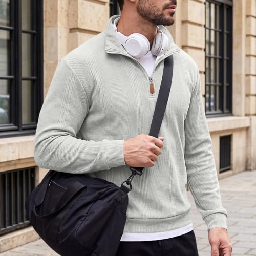 Mens Long Sleeve Shirts Warm Quarter Zip Pullover Waffle Knit Tees Gray