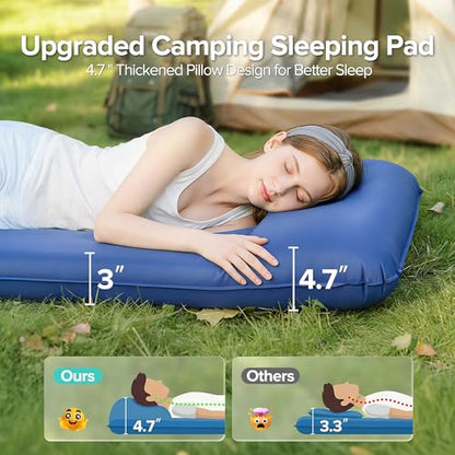 Andola Self Inflating Sleeping Pad, 3" Thick Foam Camping Mat with Built-in Pillow, Insulated Sleeping Pad for All-Season, Foldable Sleeping Mat for Camping, Tent, Car, Outdoor Use, Blue
