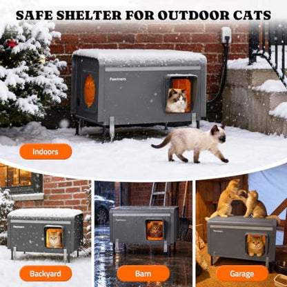 Pawtners 26'' XL Heated Outdoor Cat House for Outside Feral Cats Winter | All Metal Frame Insulated Weatherproof Cat Shelter with Heated Pad, Elevated Feet & Escape Door, Warm Kitty Stray Cat House