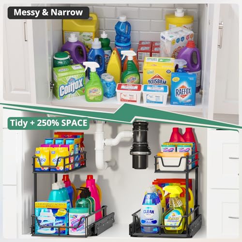 2-Pack Under Sink Organizer Value Set, 54kg Total Load - Easy-Glide Steel Pull-Out Drawers & Slide-Out Storage for Kitchen & Bathroom Cabinets, Fits Height≥48cm & Depth≥46cm 2X Storage Solution Black