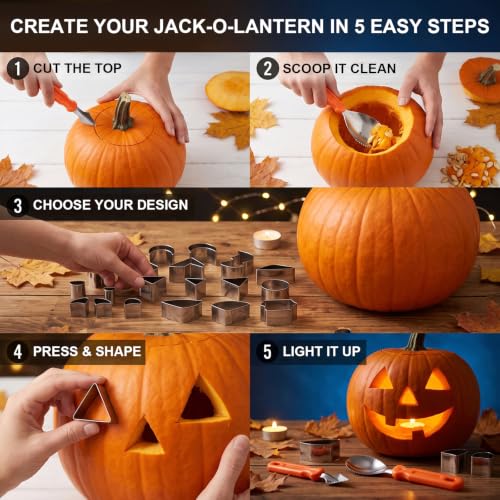 Halloween Pumpkin Carving Kit, 24pcs Pumpkin Cutters & 2pcs Carving Tools | Stainless Steel 26pcs Pumpkin Carving Knife Tools Set for Adults Beginners, Easy Safe Fun DIY Jack-O-Lantern Halloween Decor