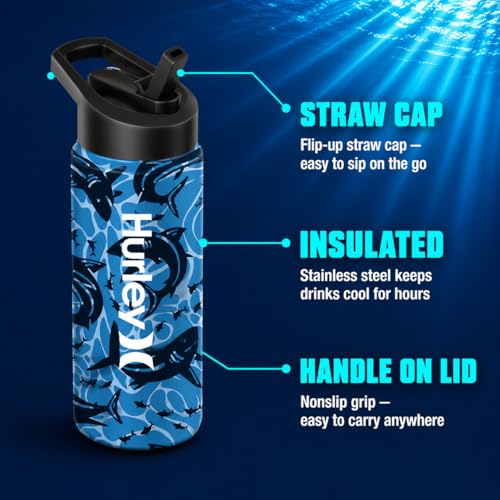 Hurley 3D Shark Design 16Oz Straw Cap Ss. Sports Bottle