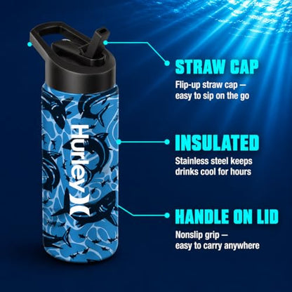 Hurley 3D Shark Design 16Oz Straw Cap Ss. Sports Bottle