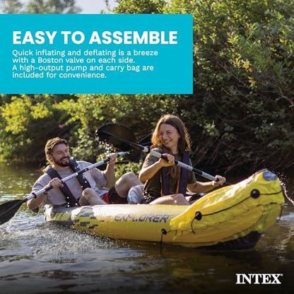 INTEX 68307EP Explorer K2 Inflatable Kayak Set: Includes Deluxe 86in Aluminum Oars and High-Output Pump – SuperStrong PVC – Adjustable Seats with Backrest – 2-Person – 400lb Weight Capacity