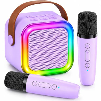 Mini Karaoke Machine for Kids with 2 Wireless Microphones (Purple) | Bluetooth Connectivity, Voice Change, LED Lights, Wireless Microphone