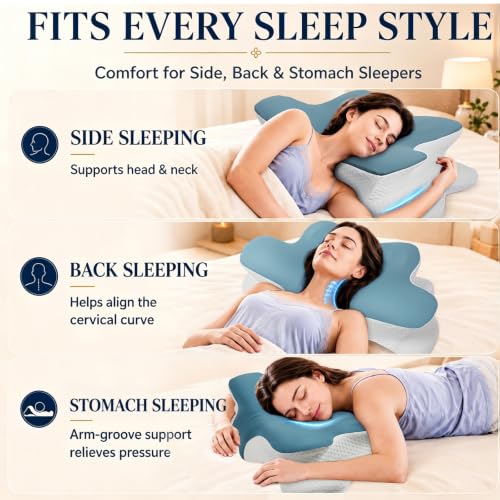 Cervical Neck Pillow for Neck and Shoulder Pain Relief, Ergonomic Memory Foam Contour Pillow with Armrest Grooves, Cooling Washable Cover & Dual-Height Support for Side and Back Sleepers