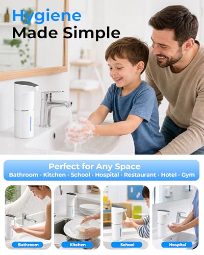 Automatic Soap Dispenser Touchless, Rechargeable Hands-Free Soap Dispenser with Infrared Sensor, 6 Adjustable Foam Levels, LED Display, IPX4 Waterproof, 350ml for Bathroom Kitchen, White