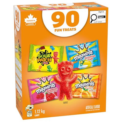 Maynards, Assorted Individually Wrapped Candy 1.12kg (Pack of 90) | Sour Patch Kids, Fuzzy Peach, Swedish Berries, Swedish Fish, Gummy Candy, Sour Candy, Prepared in Canada