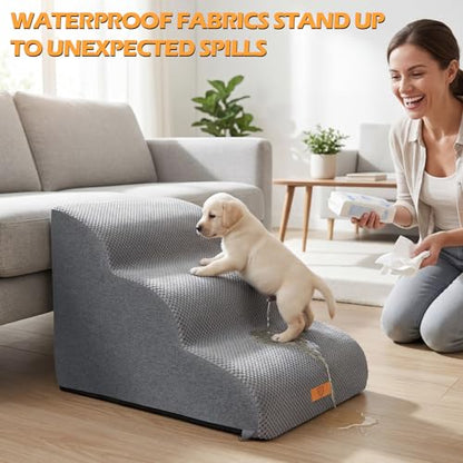Almcmy Dog Stairs for Small Dogs 15.7" H 3-Step Bed Sofa Chair Use, Grey