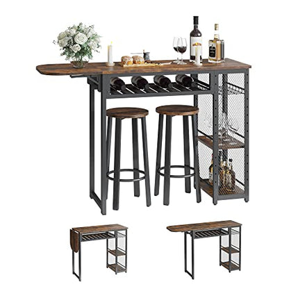Bestier Bar Table and Chair Set, Industrial Expandable Dining Table with 2 Bar Stools, Kitchen Counter with Wine Rack & 3 Tier Adjustable Storage Shelves Rustic Brown