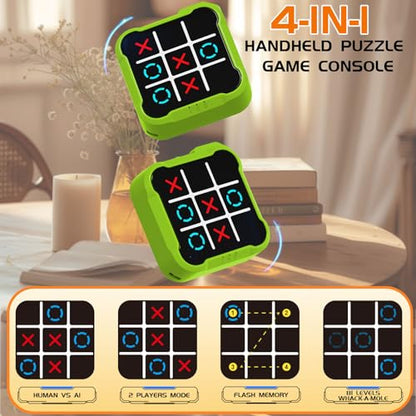 Electronic Tic Tac Toe Game, 4-in-1 Handheld Puzzle Tic Tac Toe Bolt Game, Portable Travel Board Game for Car Ride, Educational Memory Games for Ages 3 for Boys, Green
