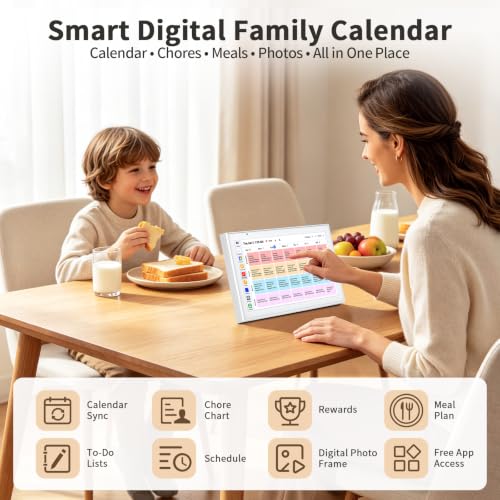 Digital Calendar, 10.1" Smart Touchscreen Electronic Family Calendar Organizer with Calendar Sync, Chore Chart, Meal Planner, To-Do Lists & Digital Photo Frame, Wall or Desk Mountable
