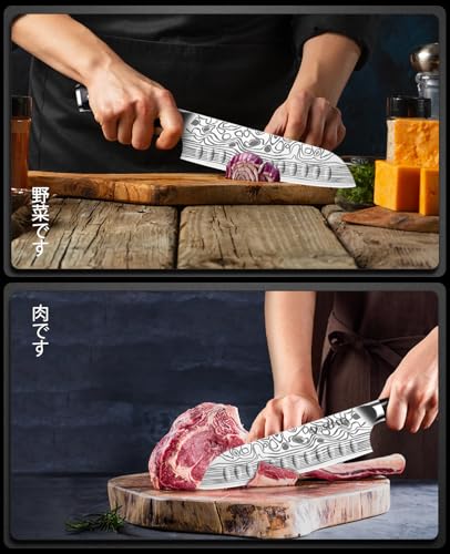 Santoku Knife - MOSFiATA 7" Super Sharp Professional Kitchen Cooking Knife with Finger Guard and Knife Sharpener, German High Carbon Stainless Steel 4116 with Micarta Handle and Gift Box