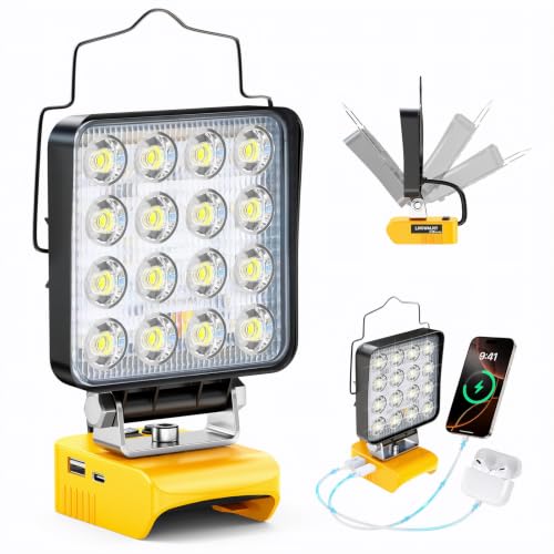 LIVOWALNY Cordless LED Work Light Compatible with Dewalt 20v Battery, 112W 11200LM Flashlight, Portable LED Flood Battery Light with USB A & USB C Charging Output Port for Emergency