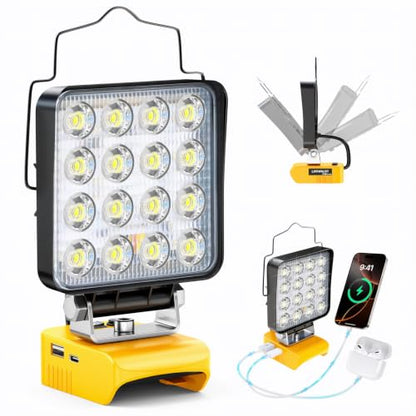 LIVOWALNY Cordless LED Work Light Compatible with Dewalt 20v Battery, 112W 11200LM Flashlight, Portable LED Flood Battery Light with USB A & USB C Charging Output Port for Emergency