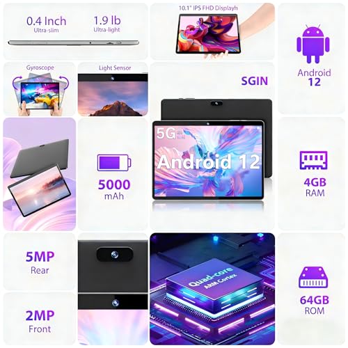 Android 12 4(2+2) GB RAM 64GB ROM Tablet with 10.1 Inch 1280 * 800 IPS Srceen, Octa-Core 1.6GHz Processor, 5MP+2MP Dual Camera, 5000mAh, WiFi, Bluetooth 5.0, GPS, 256GB Expansion