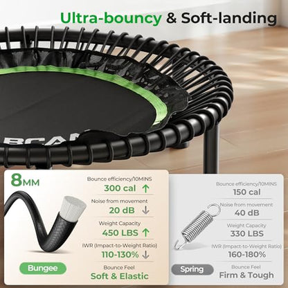 BCAN 450 LBS Foldable Mini Trampoline, 40" Fitness Trampoline with Adjustable Handle Bar, Bungees, Stable & Quiet Exercise Rebounder for Adults Indoor/Garden Workout-Green