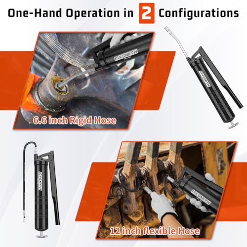 FIXSMITH Professional Lever Action Grease Gun- Heavy Duty Construction-10,000 PSI Max Pressure,Includes 12" Reinforced Flex Hose & 7" Rigid Extension,2-Way Loading-14 oz.Cartridge & Bulk Fill.