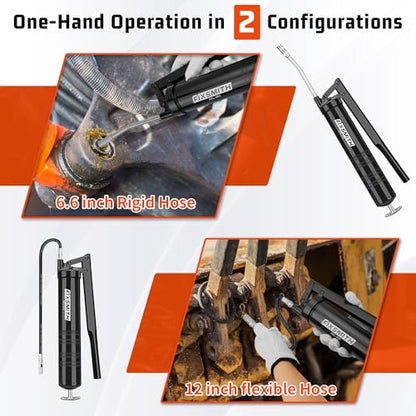 FIXSMITH Professional Lever Action Grease Gun- Heavy Duty Construction-10,000 PSI Max Pressure,Includes 12" Reinforced Flex Hose & 7" Rigid Extension,2-Way Loading-14 oz.Cartridge & Bulk Fill.