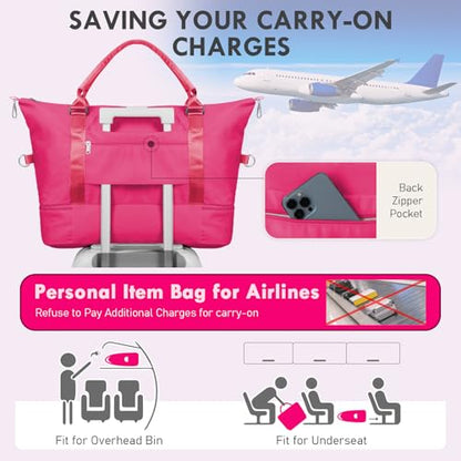 WOOMADA Weekender Overnight Bag for Women, Shoulder Travel Duffel with Shoes Compartment,Gym Bag with Toiletry Bag(Hot Pink)
