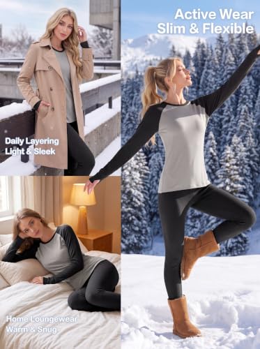 GRECERELLE Women's Thermal Underwear Set Top & Bottom Layer, Gray Black-S