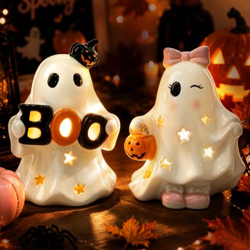 AELS Ceramic Ghost Candle Holder Set of 2, Cute Boo Ghost Tea Light Holders with Pumpkin, Spooky Tabletop Halloween Decorations for Home Party Decor, Figurines, White