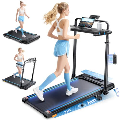 6-in-1 Folding Treadmill for Home with Removable Table, 3.0HP Walking Pad with Incline up to 12%, 12 km/h Foldable Walking Pad Treadmill with 15 cm Telescopic Handle and RGB Lights,330LBS Load