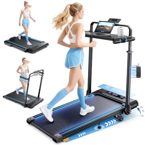 6-in-1 Folding Treadmill for Home with Removable Table, 3.0HP Walking Pad with Incline up to 12%, 12 km/h Foldable Walking Pad Treadmill with 15 cm Telescopic Handle and RGB Lights,330LBS Load