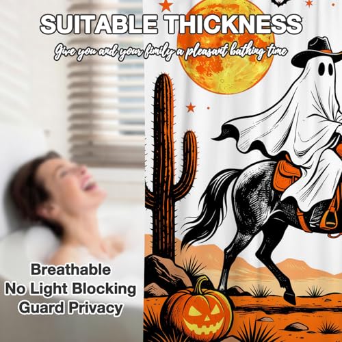 Leowefowa Halloween Western Cowboy Ghost Shower Curtain, Cute Spooky Ghost on Horse Desert Shower Curtain with Pumpkin Moon & Cactus, Funny Halloween Bathroom Curtains for Kids, 72''Wx72''L