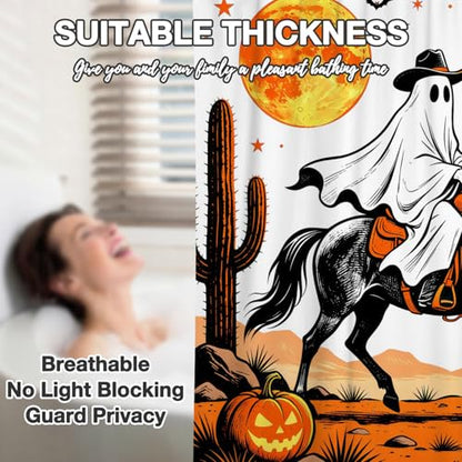 Leowefowa Halloween Western Cowboy Ghost Shower Curtain, Cute Spooky Ghost on Horse Desert Shower Curtain with Pumpkin Moon & Cactus, Funny Halloween Bathroom Curtains for Kids, 72''Wx72''L