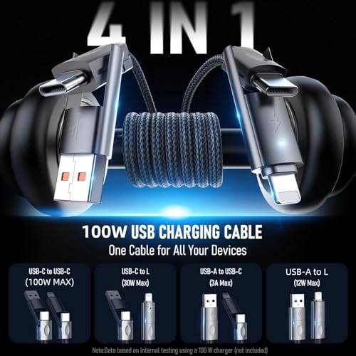 4-in-1 Charging Cable Fast Charging, USB C Braided Cable 4-in-1 USB Multi Cable with E-Mark Chip, Multiple iPhone Charger Cord for iPhone 16/15/14/13 Series/Pad/Android/Tablets and More(3.3FT)