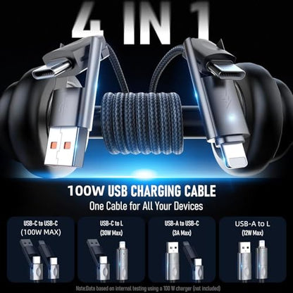 4-in-1 Charging Cable Fast Charging, USB C Braided Cable 4-in-1 USB Multi Cable with E-Mark Chip, Multiple iPhone Charger Cord for iPhone 16/15/14/13 Series/Pad/Android/Tablets and More(3.3FT)