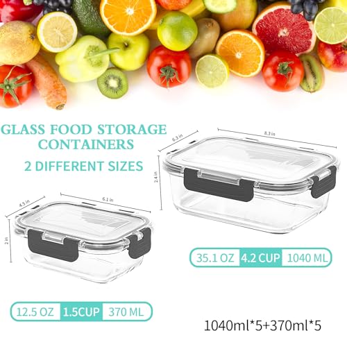 10-Pack Large Glass Meal Prep Containers, Food Storage Containers with Lids