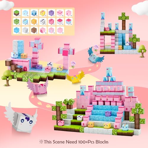 PINKCAT 100PCS Magnetic Blocks, Kids Building Pink Fantasy Castle Cubes, Stacking Tiles, STEM Sensory Toys for Toddlers, Kids Travel Essentials Toy, 3 4 5 6 7 8-12 Years Girls Boys Gifts