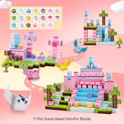 PINKCAT 100PCS Magnetic Blocks, Kids Building Pink Fantasy Castle Cubes, Stacking Tiles, STEM Sensory Toys for Toddlers, Kids Travel Essentials Toy, 3 4 5 6 7 8-12 Years Girls Boys Gifts