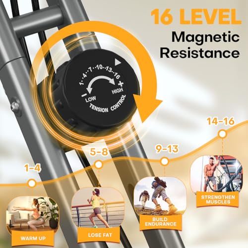 Vélo d'appartement, Vélo stationnaire 5-en-1 MOSUNY Ultra-Silencieux (10 dB), Vélo d'exercice pliable avec Résistance Magnétique Réglable sur 16 Niveaux, Vélo de cyclisme en intérieur de 159 kg pour Entraînement à Domicile
