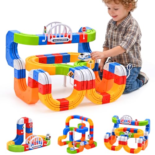 Electric Train Set 3D Track STEM Toy Toddler Gifts for 3-8 Boys Girls | 100PCS Train Sets for Kids Toys, Track Blocks with Flip Hanging Tracks, USB Car, Traffic Signs, Stockings Stuffers for Kids