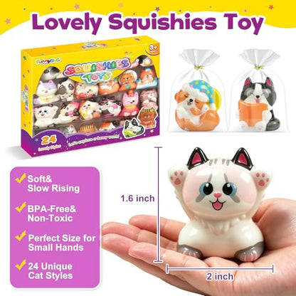 FUNNYB&G Squishy Toys Set for Kids - 24 Pack Cat Squishies Toys, Party Favors for Kids, Soft Stress Relief Toys, Classroom Prizes, Goodie Bag Fillers, Baskets Stuffers, Birthday Gifts for Boys Girls
