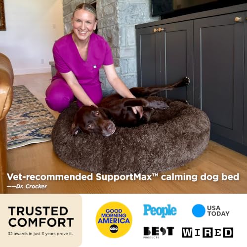Bedsure SupportMax® Calming Dog Bed Medium Size Dog Washable Pet Bed,30in | 420GSM Plush Fluffy Faux Fur Donut Round,Thick Supportive,Removable Cover,Anti-Slip,Anti-Anxiety,Up to 45 Lbs,Dark Grey
