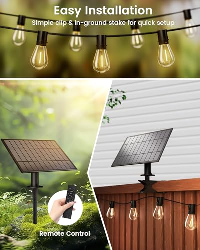 Solar String Lights Outdoor, 120FT 30+2 Shatterproof S14 LED Bulbs, Waterproof, USB Rechargeable, 2200K Warm White, Energy-Saving Hanging Patio Lights for Garden, Porch, Bistro, Deck, Market