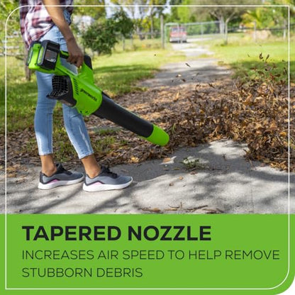 Greenworks 48V (24V x 2) Brushless Cordless Leaf Blower (140 MPH / 585 CFM) / Turbo Mode Electric Axial Blower for Yard Debris Leaves Dust Cleanup, (2) 4Ah Batteries & Dual Port Charger Included
