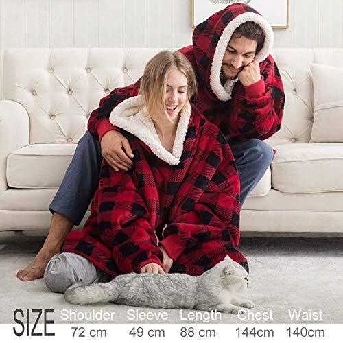 IvyH Oversized Hoodie Blanket Sweatshirt, Super Soft Hoody Home Leisure Plush Hooded Sweater One Size fits Men Women Girls Boys Unisex(Red Plaid)