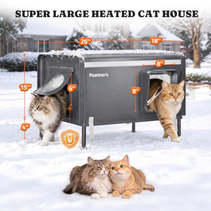 Pawtners 26'' XL Heated Outdoor Cat House for Outside Feral Cats Winter | All Metal Frame Insulated Weatherproof Cat Shelter with Heated Pad, Elevated Feet & Escape Door, Warm Kitty Stray Cat House
